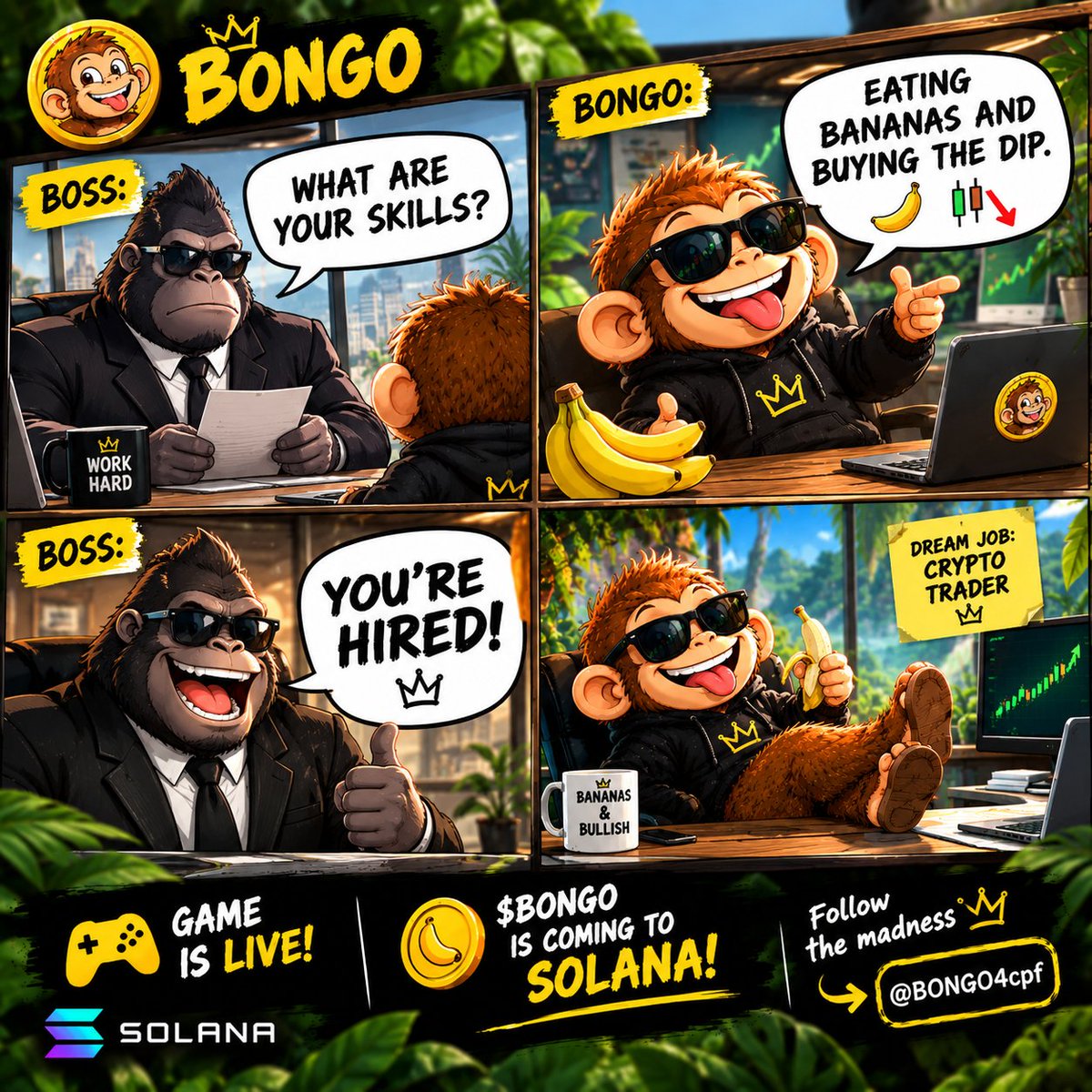 BONGO4cpf's tweet photo. 🐒 BREAKING: BONGO GOT A JOB! 💀😂

Boss: “What are your skills?” 🤨
BONGO: “Eating bananas and buying the dip.” 🍌📉
Boss: “YOU'RE HIRED!” 🚀🤣

🎮 Game is LIVE!
🪙 $BONGO is coming to Solana!

Follow the madness 👉 @BONGO4cpf

#BONGO #Solana #PumpFun https://t.co/ZnyILhjlma