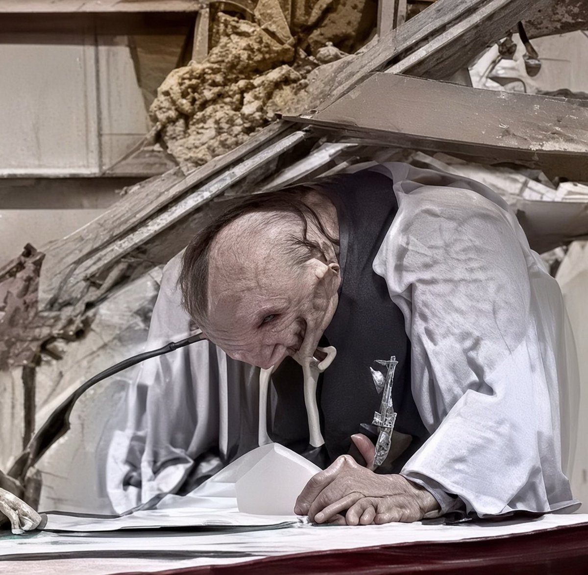 GenXtina's tweet photo. I used Grok Imagine to restore and sharpen a paused screenshot from the crucifix impact on Father Patricio Sánchez during Mass on Oct 17th, 2026. Asked it to remove compression artifacts, clarify facial features and the crucifix edges, and keep everything faithful. 
The result looked unnatural …almost demonic. 
Very unsettling.