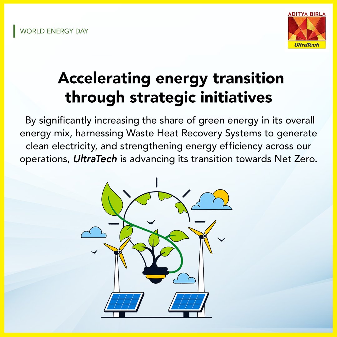 UltraTechCement's tweet photo. By expanding renewable power procurement, captive renewable generation, &amp; scaling waste heat recovery systems, UltraTech is reducing dependence on grid-based electricity while enhancing energy security &amp; operational resilience.
#WorldEnergyDay 
Read: https://t.co/fXXdNz948b https://t.co/lLphmyMdGb