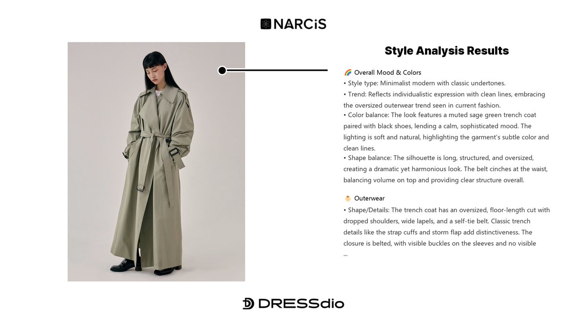 dressdio_global's tweet photo. Not sure if today's outfit actually works? 👀💭

NARCIS analyzes fit, color, silhouette, and mood — scientifically.

Upload &amp; see your style decoded.

#NARCIS #StyleAnalysis #AIStylist #OOTDCheck #FashionTech https://t.co/JbhVSmKchA