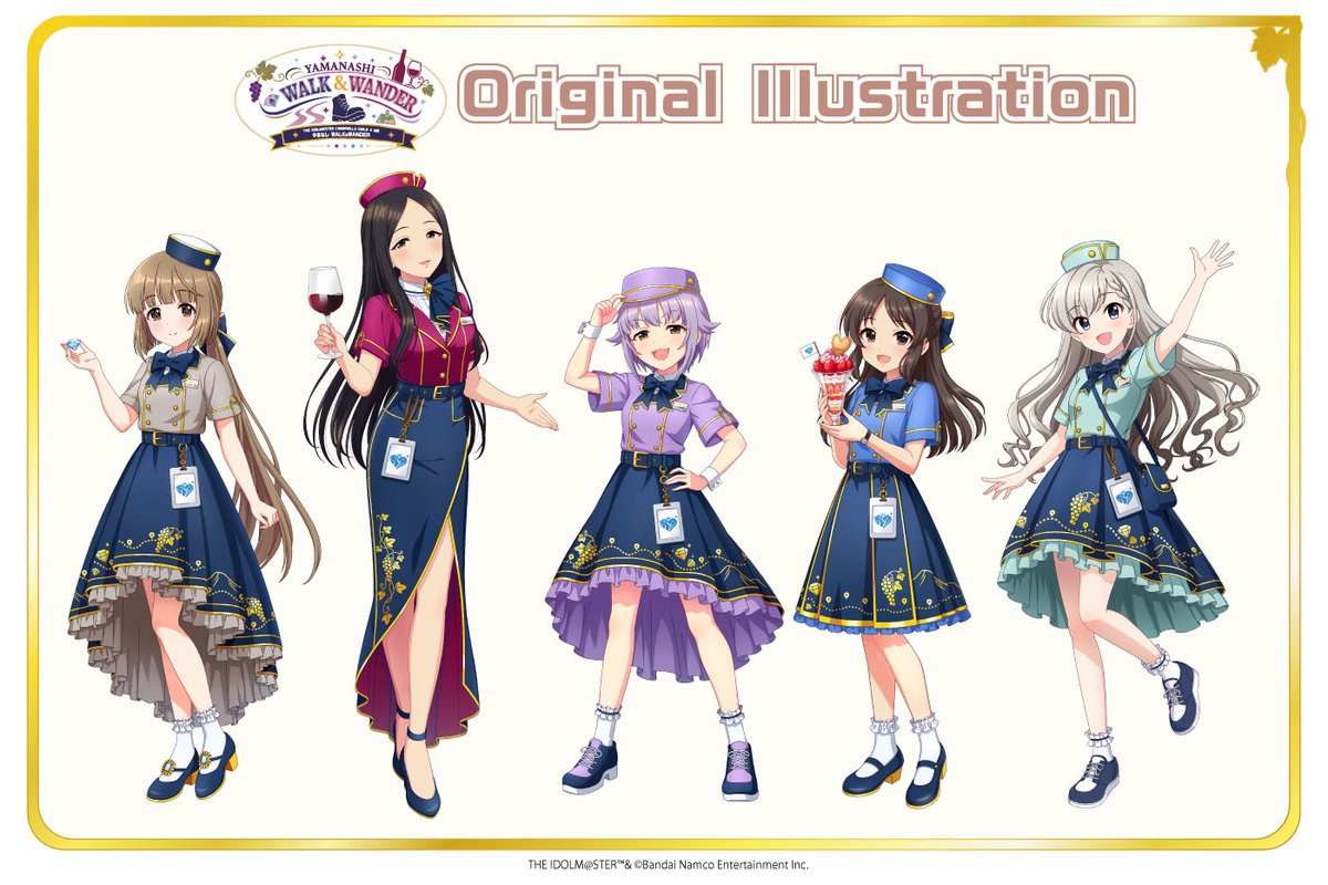 hiromedo's tweet photo. 🎨描き下ろしイラスト解禁！

「アイドルマスター シンデレラガールズ やまなし WALK & WANDER」公式サイトを更新！

観光ガイドをテーマにしたオリジナル衣装の山梨PR担当アイドル5名の描き下ろしイラストを公開！
さらに山梨応援アイドルを含めた全10人の描き起こしミニキャラも登場します✨

▼公式サイト
https://t.co/DOoGxQM2ZX

#やまなしWW #デレマス