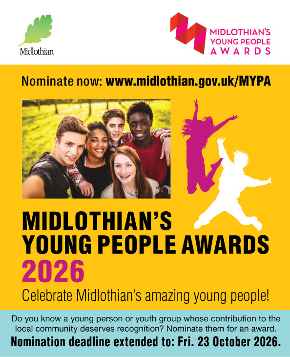 midgov's tweet photo. Do you know a young person who’s achieving in sports, learning, caring, volunteering, creativity or something else? Nominate them for a Midlothian's Young People Award and let’s give them the recognition they deserve.
More info / nominate: https://t.co/l43m4OGxI7 https://t.co/AGX5DuxZ4a