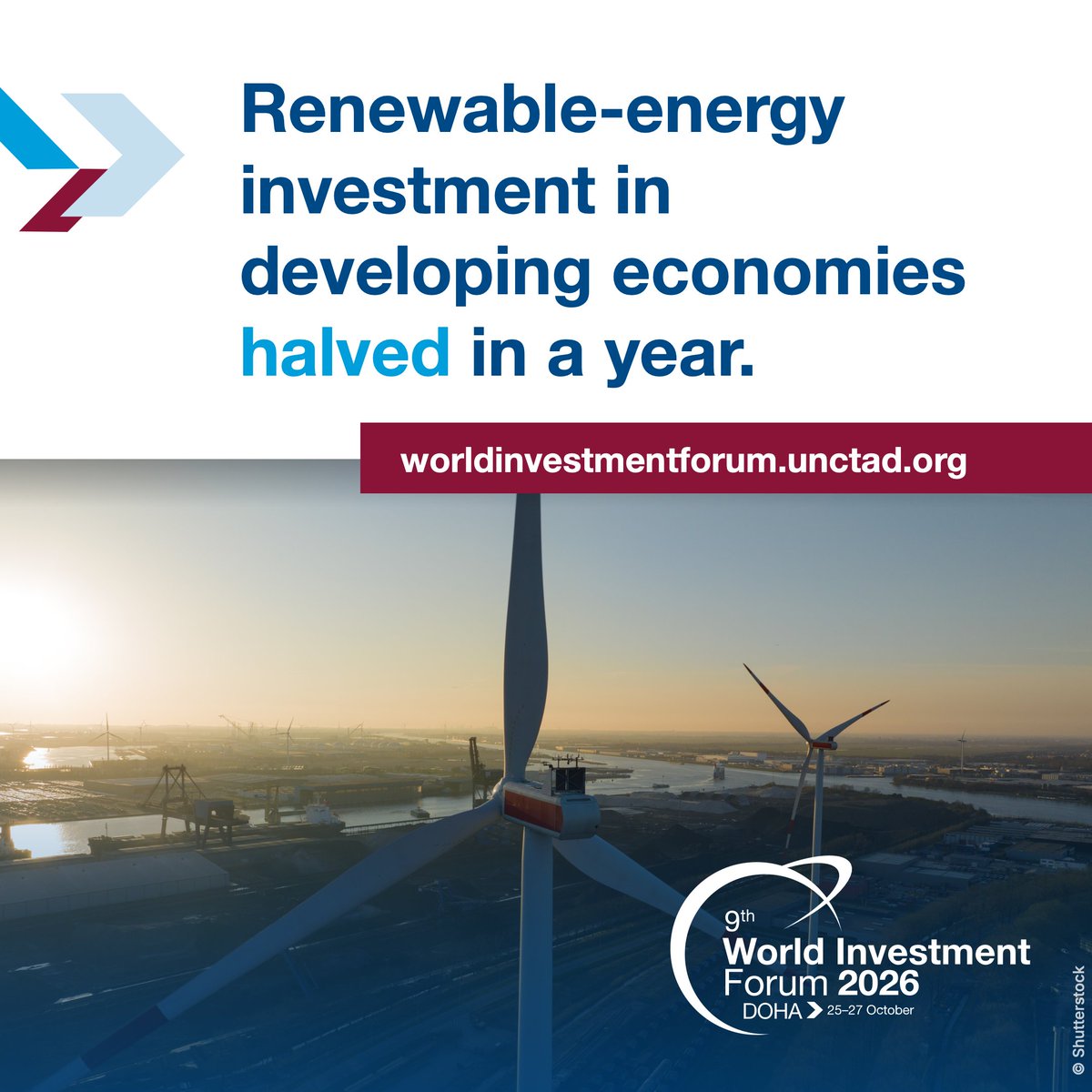 UNCTAD's tweet photo. World Investment Forum, Doha, Qatar, 25-27 October 2026.

Renewable-energy investment in developing economies halved in a year – $109B (2024) to $55B (2025) (World Investment Report).

Learn more at #WIF2026's energy security session, 25 Oct, 15:00: https://t.co/YvP8YSwxSO https://t.co/BFMEIxpCly