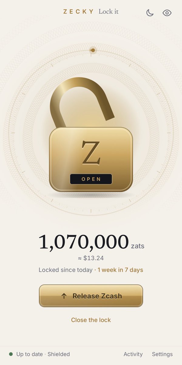 zeckyapp's tweet photo. Lock it, a small update.

Close the lock, and your Zcash rests. The line below shows how long it has been locked, and when the next milestone comes: 1 week, then 1 month, and on.

No charts. Just time, quietly adding up.

Still testing, slowly. https://t.co/L6PI5J96i5