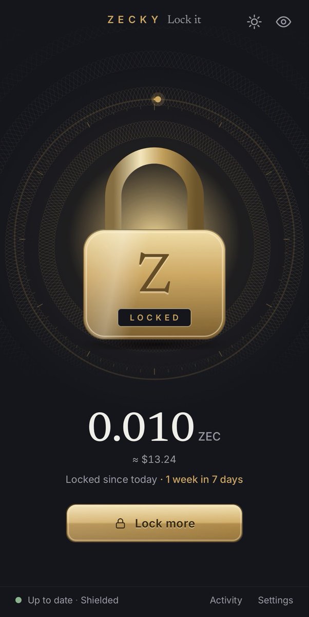 zeckyapp's tweet photo. Lock it, a small update.

Close the lock, and your Zcash rests. The line below shows how long it has been locked, and when the next milestone comes: 1 week, then 1 month, and on.

No charts. Just time, quietly adding up.

Still testing, slowly. https://t.co/L6PI5J96i5