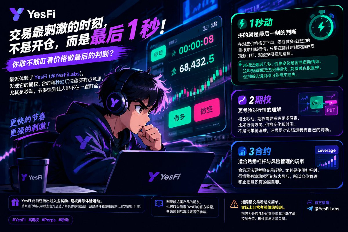 CryptoPilot3226's tweet photo. 交易最刺激的时刻，不是开仓，而是最后 1 秒！你敢不敢盯着价格做最后的判断？

最近体验了 YesFi (@YesFiLabs )，发现它的期权、合约和秒动玩法确实有点意思，尤其是秒动，节奏快到让人忍不住一直盯盘。

简单说说我的体验：
1. 秒动：拼的就是最后一刻的判断
在对应价格格子下单，根据做多或做空的目标来判断行情。只要在倒计时结束前触及预测目标，就能按照规则结算。
越接近最后几秒，价格变化越容易牵动情绪。这种短周期玩法反馈很快，刺激感也很直接，但判断失误同样可能带来损失。

2. 期权：更考验对行情的理解
相比秒动，期权需要考虑更多因素，比如行情方向、价格变化和时间。不是简单猜涨跌，还需要对市场走势有自己的判断。

3. 合约：适合熟悉杠杆与风险管理的玩家
合约玩法更考验交易经验。尤其是使用杠杆时，行情稍有波动就可能放大盈亏，所以仓位管理和止损意识真的很重要。

另外，YesFi @YesFiLabs 此前还推出过入金奖励、期权券等体验活动。感兴趣的朋友可以去官方渠道了解具体参与规则，奖励条件和使用限制以官方说明为准，刚接触这类产品的朋友，也可以先看看 YesFi 的官方教程，熟悉规则后再决定是否参与。

官方 YouTube：https://t.co/MdkUHoSn2y

最后提醒一句：短周期交易看起来简单，实际上非常考验情绪控制。别因为最后几秒的刺激感就冲动下单，控制仓位、理性参与才是关键。

注册链接：https://t.co/cfN3HvBHUz

#YesFi #期权 #Perps #秒动