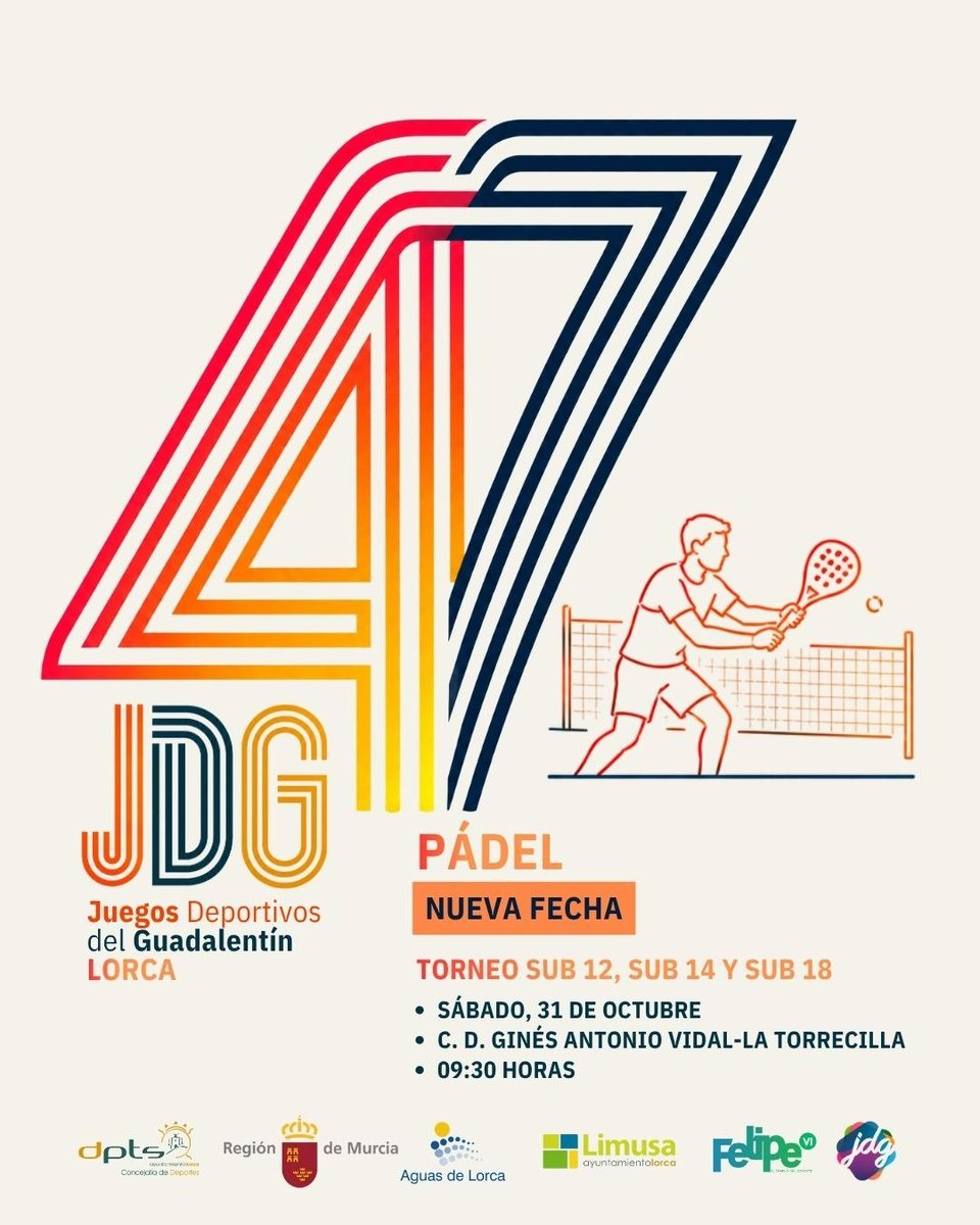DeportesLorca's tweet photo. 🥎 Ya tenemos también nueva fecha para el torneo de pádel de menores aplazado el pasado fin de semana. 

Finalmente se llevará a cabo el próximo 31 de octubre en las pistas del C.D. Ginés Antonio Vidal-La Torrecilla. La prueba está organizada por el club Padelorca. https://t.co/gkx503E0ar