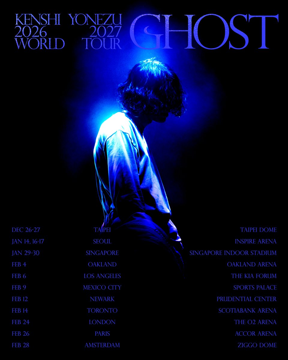 reissuerecords's tweet photo. ━━━━━━━━━━━━━━━━
 KENSHI YONEZU
2026–2027 WORLD TOUR / GHOST
━━━━━━━━━━━━━━━━
シンガポール公演が、追加となりました。追加公演のチケットは、現地時間10月23日（金）12:00に発売開始となります。
https://t.co/62XRm7oVdf

本日10月22日、世界各地で開催される公演のチケットが、各都市の現地時間12:00に一斉発売中！

#米津玄師 
#KenshiYonezu
#KENSHIYONEZU2026_2027WORLDTOUR_GHOST