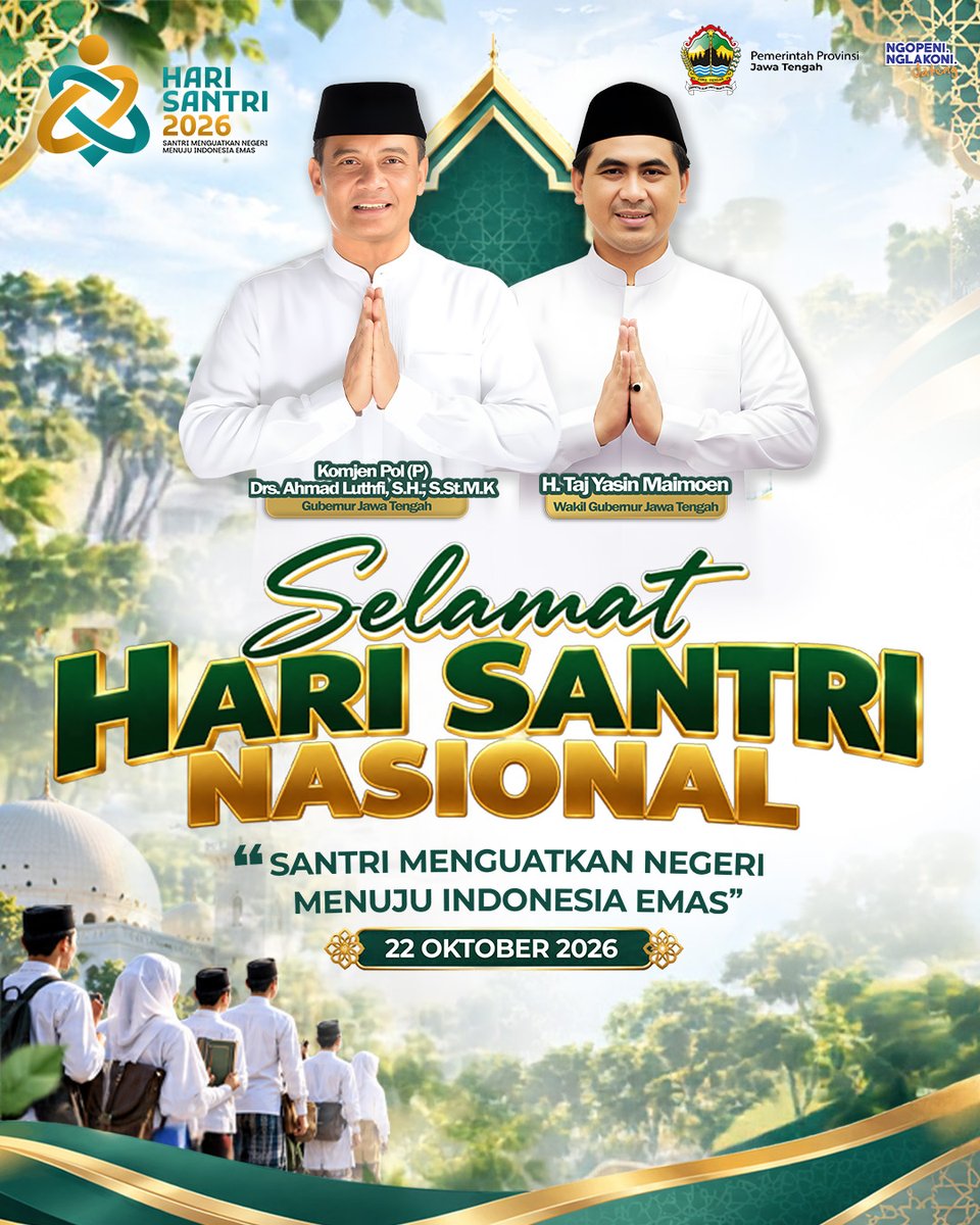 bpbdjateng's tweet photo. Selamat Hari Santri Nasional 2026!

Santri berdaya, negeri berjaya. Terus menebar ilmu, menjaga akhlak dan menguatkan indonesia 🇮🇩

#HariSantriNasional2026 
#JawaTengah
#bpbdjateng https://t.co/SjrzggZhKM