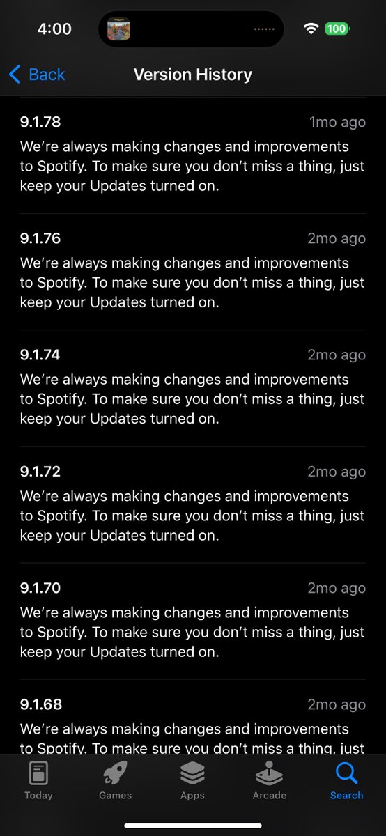 CokePokes's tweet photo. Theres should be an apple policy that shouldnt allow developers to post the same changelogs for their app in the AppStore. Honestly its getting ridiculous. https://t.co/GQVX8vTShV
