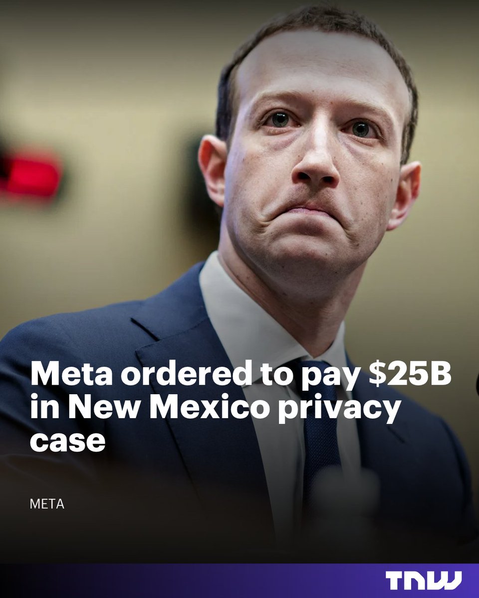 thenextweb's tweet photo. Meta faced up to $219B. The judge chose $25B. That still tops New Mexico’s projected 2028 general fund of $14.8B. https://t.co/cZOkf2NbIa https://t.co/YQw5xeOB5t