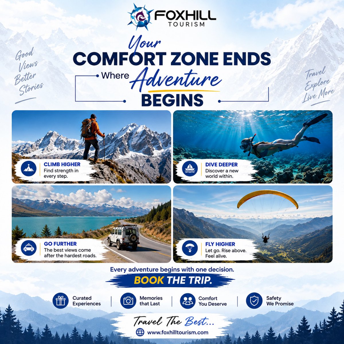 89Franc's tweet photo. Climb higher. Dive deeper. Go further. The best memories begin outside your comfort zone. Pack your bags, choose your destination, and make the trip happen. Book the trip. Live the moment. Make memories that last. https://t.co/DXNoePrTgo