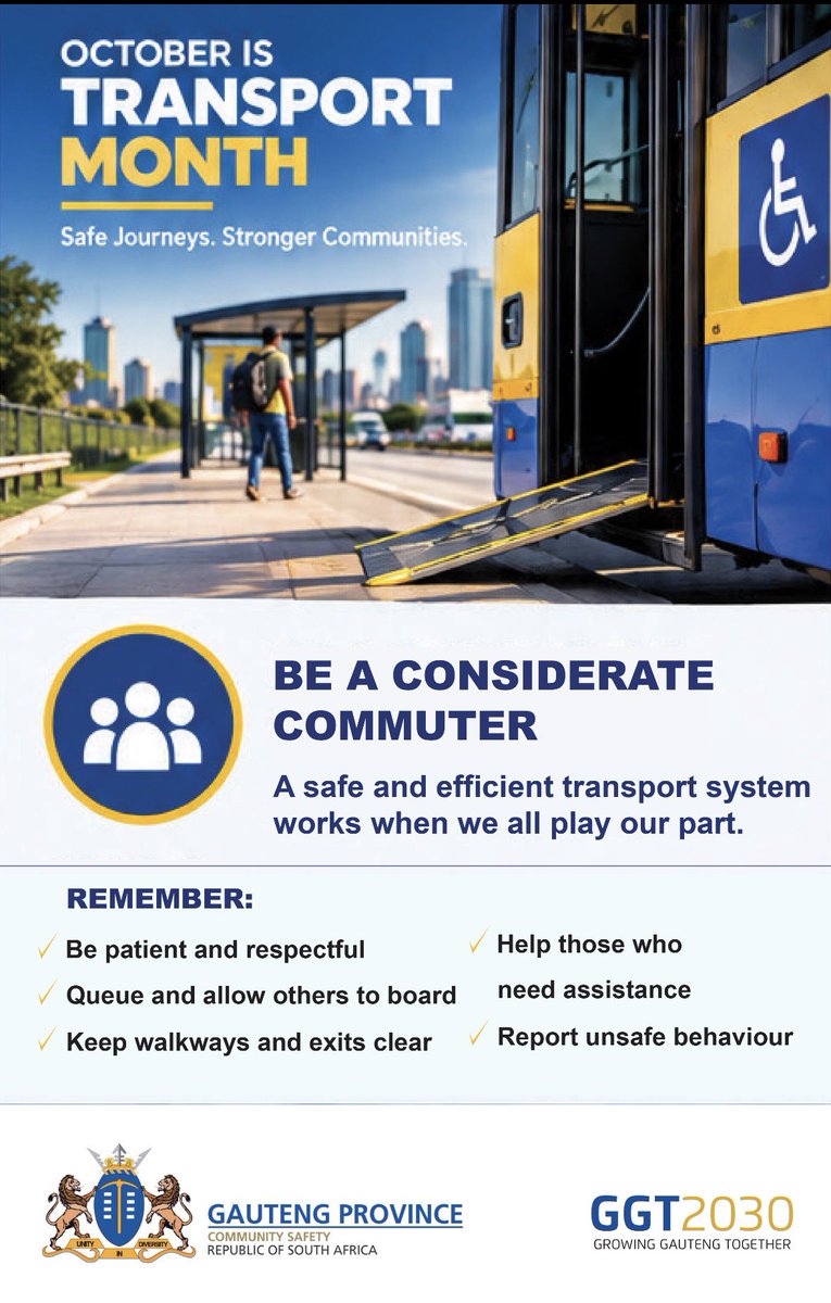 GP_CommSafety's tweet photo. TRANSPORT MONTH | BE A CONSIDERATE COMMUTER

A safer, smoother and more efficient transport system starts with all of us. Respect fellow commuters, follow the rules and play your part in making every journey safer.

#GrowingASaferGauteng #TransportMonth https://t.co/UmKfvbgQzh