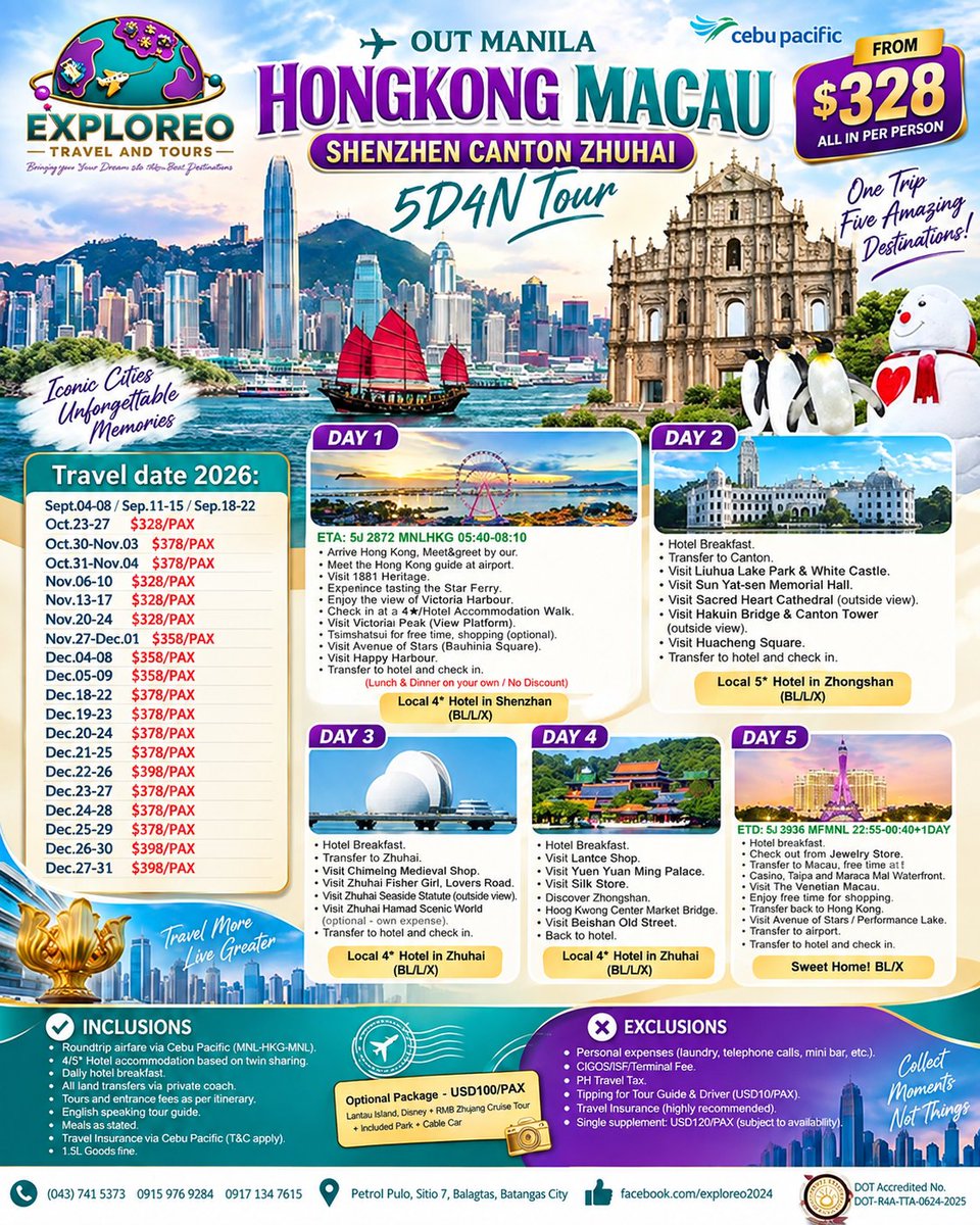 tdb_lima's tweet photo. One trip, five amazing destinations: Hong Kong, Macau, Shenzhen, Canton and Zhuhai in 5D4N. Enjoy city views, culture, shopping and food. Airfare from ₱3, 288 per person. Travel September–December 2026. Book now with Exploreo Travel and Tours. https://t.co/JPNgh9D6th