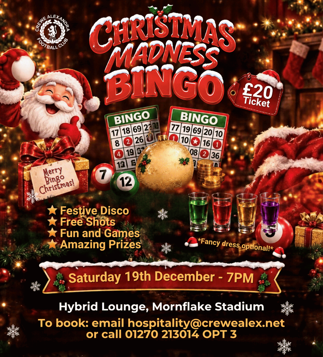 crewealexfc's tweet photo. Fancy some festive fun? Join us for Madness Christmas Bingo on 19 December! 🎄

The perfect night out with friends, family or colleagues! ❄️

Book your tickets now 👇
https://t.co/vk9xL06kuP

#CreweAlex https://t.co/QwxCSUQMjX