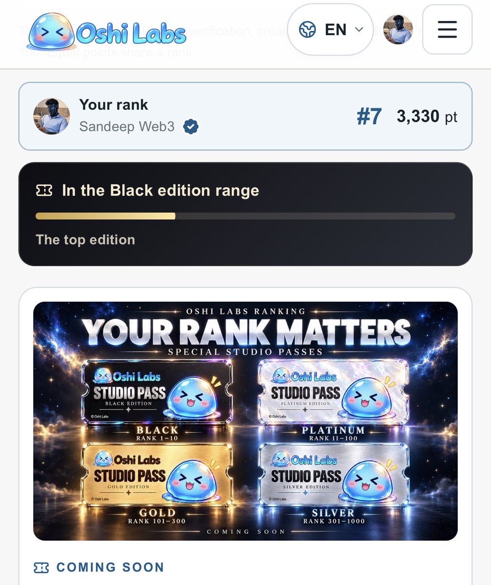 sandeep702368's tweet photo. Hey @oshilabs, currently #7 (Black range).

NFT side clear hai (50% royalty buyback → daily $OSHI).

What are the exact benefits of Black / Platinum / Gold / Silver Studio Passes?

Any exclusive utilities for top ranks? https://t.co/jEcH3C09x0