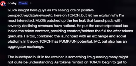 log1_053's tweet photo. The community brought this screenshot to my attention yesterday, and I must say I’m happy someone took note.

Before we launched, I shared quite a bit of research showing that 9/10 EVM launchpads are actively losing creator fees due to flaws in Uniswap v4 hooks - or well, factually no flaws, just wrong use case (creatorfee). 

With Torch, we tried to solve this through contract fees instead of hooks, and so far we’ve been proven right.

What matters here is that all other launchpads and the projects luanching are more or less losing their fees after about a month-ishh. That’s the point when the coins have grown enough for providing LP to become interesting.

It says something to me that this holder, who showed some pretty crazy conviction, is one of the few who actually researched this and understands it. I also know that a lot of this tech talk is yada yada for many people, which is fine. But for the sustainability of the project, these fees are absolutely necessary, if not the most important thing.

I’ll try to explain it in simple words. What is happening on other EVM launchpads is pretty straightforward:

> Creator fees go through a hook that sits on one LP pool.
> 3rd parties create a new LP pool, with no hook or with their own.
> LP and hook fees are generally 1%.
> A 3rd party sets up an LP pool with a 0.9% fee (or anything lower) and adds liquidity. Gets a lot of routes
> The project loses the creator fee, as the third party’s pool doesn’t have the projects hook.
>The launchpad loses its share of the creator fee revenue. Revenue declines, flywheel stops.

So with torch I tried to fix that on a few ways, i'll sum that up below;

We moved the fee out of the pool and into the token itself. The creator fee is enforced in the token contract, not in a hook and not in a specific pool. That changes the whole picture:

> The fee lives in the token, so it applies no matter which pool or router a trade goes through.
> A third party can create as many new LP pools as they want. The fee still applies, because the pool never decides whether it is charged.
> There is no hook for anyone to skip, so there is nothing to route around.
> The fee is only enforced on the buy side, and selling is never taxed by the token.
> Every pool also comes with a default 0.3% trading fee, which goes to liquidity providers. This 0.3% is a uniswap default on most pools, this encourages people to simply add to the canonical pool instead of a seperate one. It keeps the main pool attractive without it being PvP'd (pool v pool lol), so it keeps the most routes.

The torch fees, from both torch and the projects launched will, forever remain and can not be bypassed in the general sense. 

Hope this clears up why I did it the way it is. Liquidity is king and that's why I wanted phat liquidity on torch. 

All this is enough reason for all builders that are looking for a long term sustainability, to come over to torch and grow alongside it including the community without being afraid of their bread being taken by 3rd parties.

- mlog
