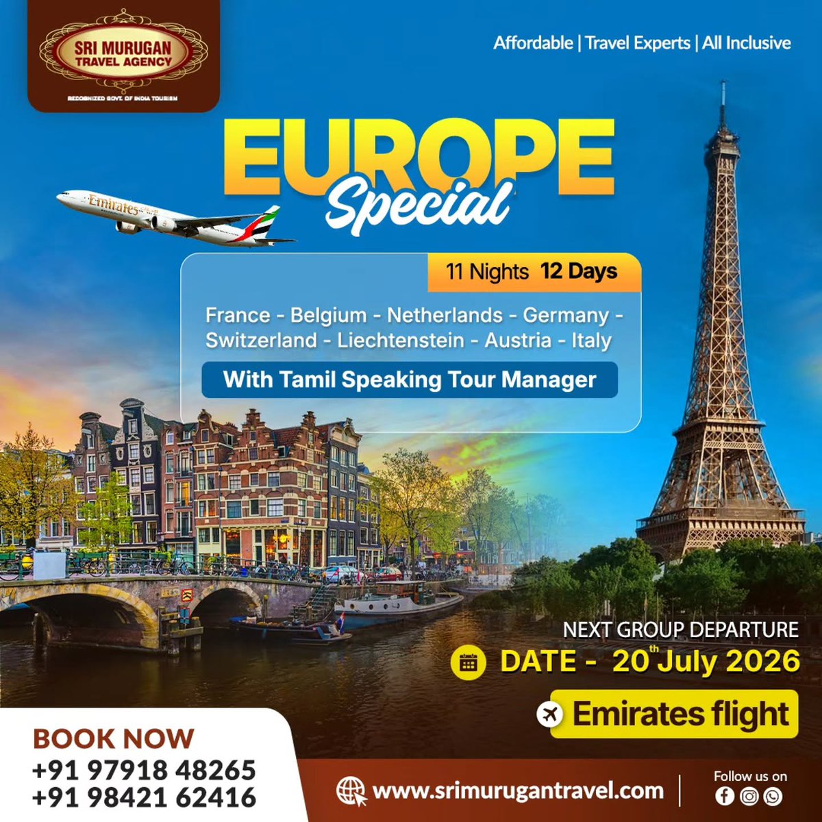 Z3ilan's tweet photo. Europe in 12 days. Next group departure: 20 July 2026. Limited seats available. Call 9791848265 or 9842162416 for details. https://t.co/REL5RCfr1a