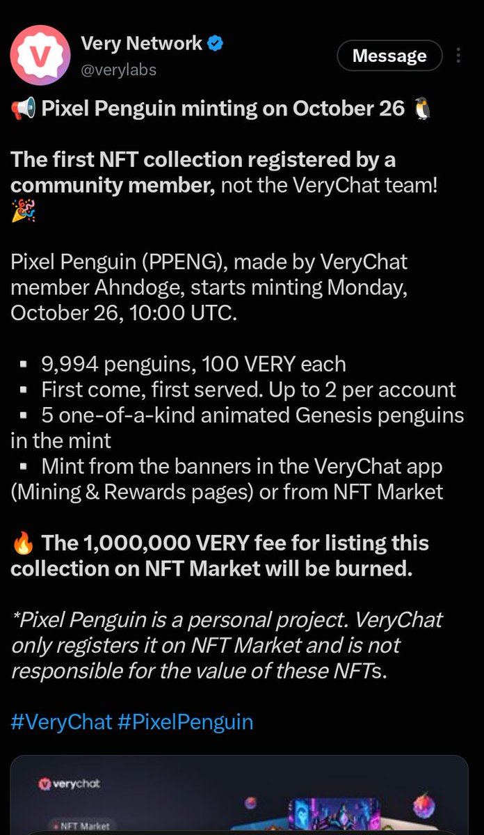 Tokenized99's tweet photo. A new flock is landing on VeryChat October 26! 🐧

Meet Pixel Penguin (PPENG) the first NFT collection created by a VeryChat community member, not the team! 🎉

Built by community member @Ahndoge 
📍 9,994 unique penguins up for grabs 📍 100 VERY per mint

#Verychat https://t.co/9lKOyDaHKN