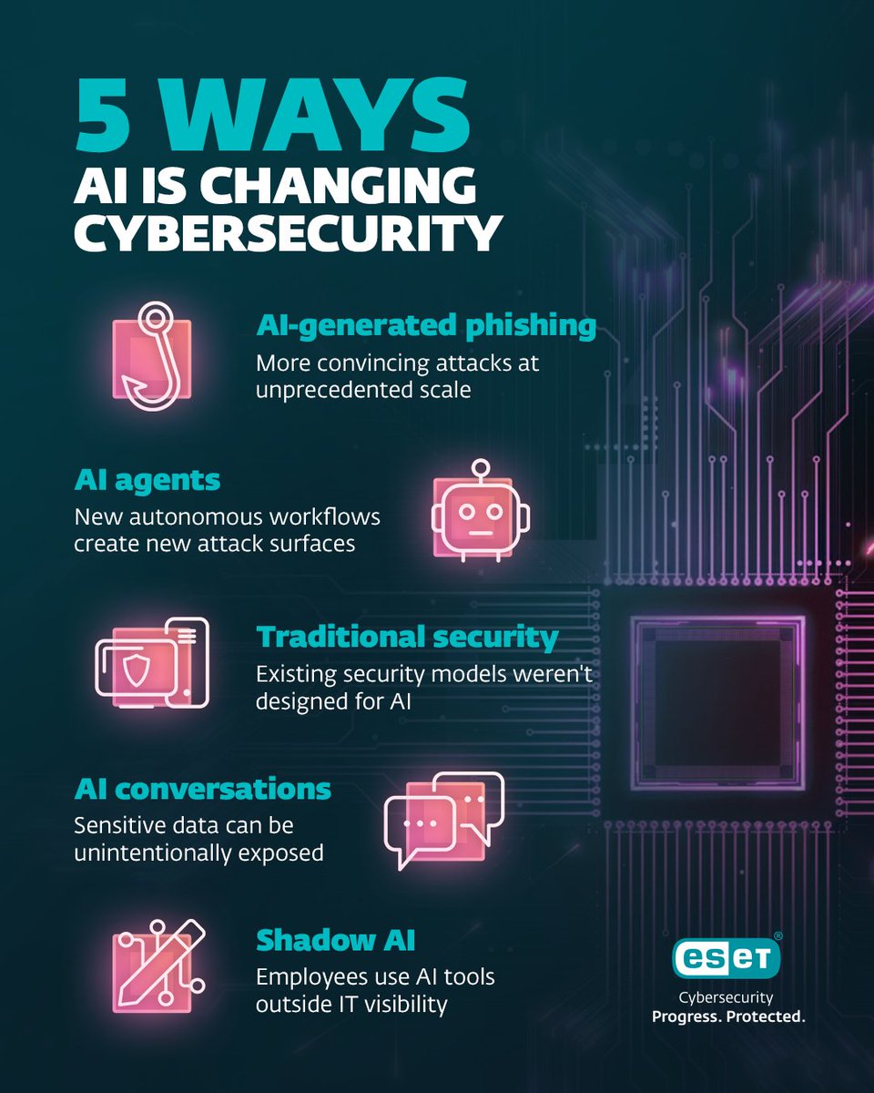 esetPH's tweet photo. AI is transforming cybersecurity faster than ever.

From AI-generated phishing and shadow AI to new attack surfaces.

Here are five ways AI is reshaping cybersecurity and why security strategies need to evolve alongside it.

#ESET #ProgressProtected #Cybersecurity #AI https://t.co/QifLWe8nf5