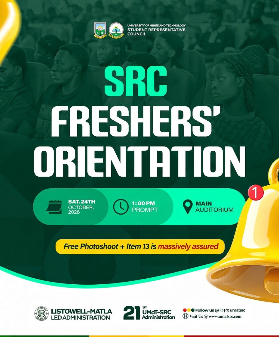 umat_src's tweet photo. 🔰🔰🔰🔰🔰🔰🔰🔰🔰
𝐒𝐑𝐂 𝐅𝐑𝐄𝐒𝐇𝐄𝐑𝐒’ 𝐎𝐑𝐈𝐄𝐍𝐓𝐀𝐓𝐈𝐎𝐍 🎓

The SRC invites all freshers to the SRC Freshers’ Orientation scheduled for Saturday, 24th October 2026, at 1:00 PM prompt at the Main Auditorium.

Free Photoshoot + Item 13 is massively assured! https://t.co/ekPjqExQ8V