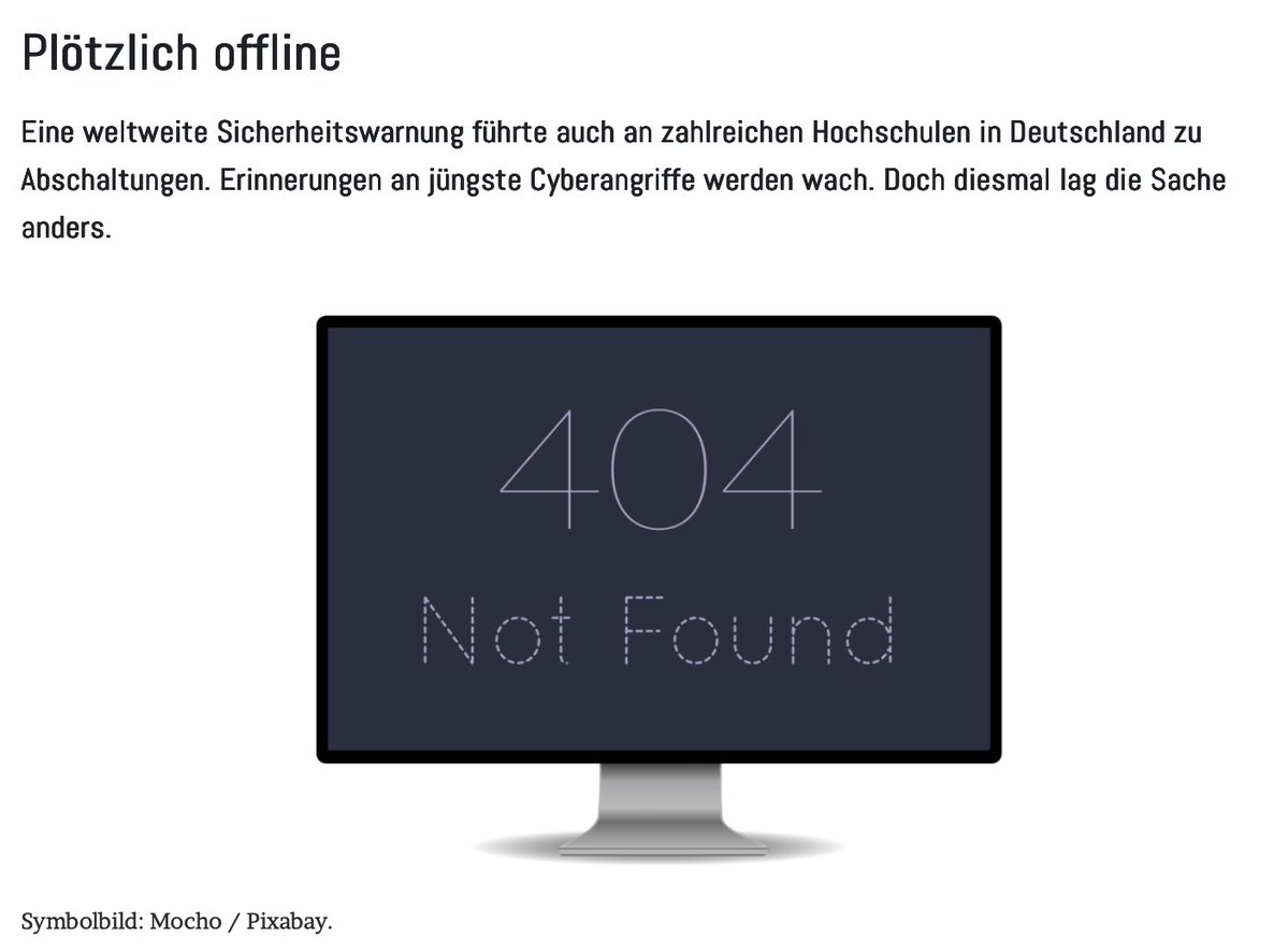 JMWiarda's tweet photo. Plötzlich offline

Eine weltweite Sicherheitswarnung führte auch an zahlreichen Hochschulen in Deutschland zu Abschaltungen. Erinnerungen an jüngste Cyberangriffe werden wach. Doch diesmal lag die Sache anders.

Erst im Wiarda-Newsletter, jetzt im Blog: https://t.co/fRS5pdOaNj https://t.co/xBKJaTsSqL