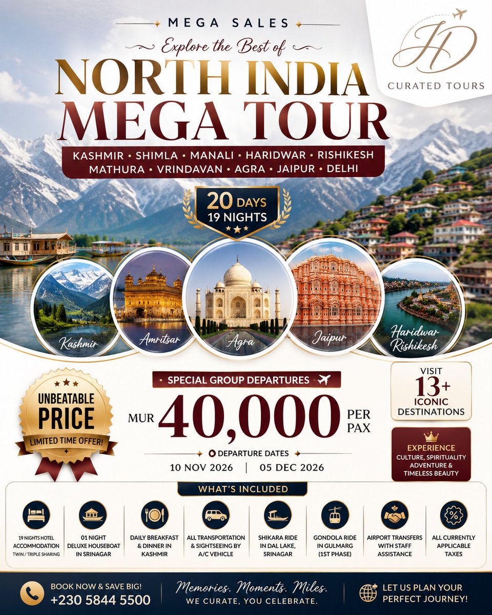 Felicia599206's tweet photo. Explore North India in 20 days: Kashmir, Manali, Shimla, Rishikesh, Agra, Jaipur and more. From MUR 40, 000 per person. Departures: 10 Nov or 5 Dec 2026. Limited seats. Airfare and visa excluded. https://t.co/GaNEREtXok