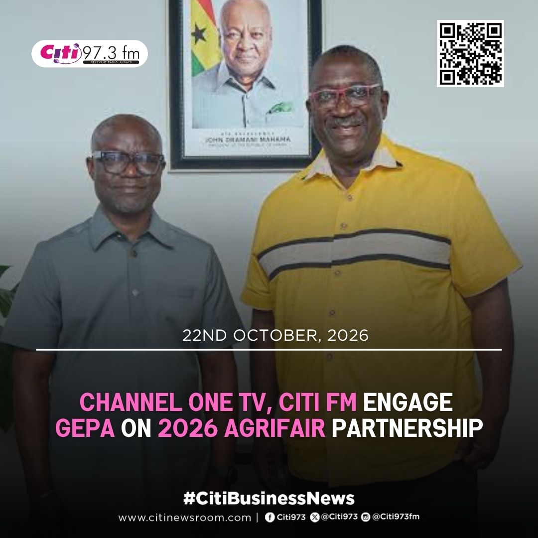 Citi973's tweet photo. Management of Citi FM and Channel One TV has engaged the Ghana Export Promotion Authority (GEPA) to explore collaboration ahead of the 2026 AgriFair, scheduled for November 27 to 29.

Read the full story here ⬇️
https://t.co/xo8QGorB3C

#CitiBusinessNews #CitiNewsroom #CitiFM #GhanaNews