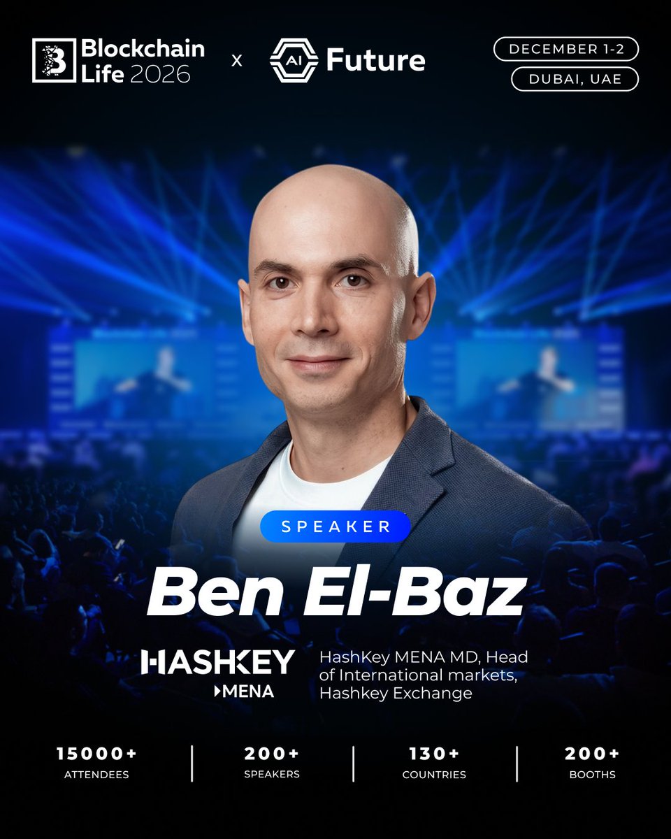 HashKeyMENA's tweet photo. 🇦🇪 HashKey MENA is heading to Blockchain Life 2026 in Dubai! @BlLife_Forum

Join us on December 1–2 as Ben El-Baz @ben_el_baz, Managing Director of HashKey MENA and Head of International Markets at @HashKeyExchange, takes the stage to share insights on the evolving digital asset landscape.

Looking forward to connecting with industry peers across blockchain, digital assets and AI.

RSVP 👉 https://t.co/pvSPZiQQyt