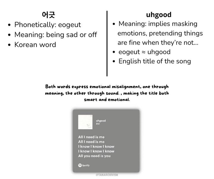 TanArchivism's tweet photo. Namjoon's pengame can't even be rate.

For example, RM named the fifth track 어긋 (eogeut), which means "being sad/off". It sounds like "uhgood" (english title) and that emphasizes the 'hiding of true feelings'. The way both the sound and the meaning connect in both languages?? https://t.co/VRscEQQblW