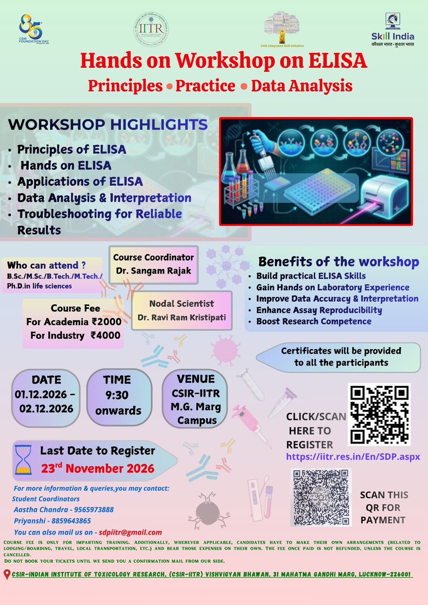 IitrSdp's tweet photo. Don't miss out on this wonderful opportunity to upgrade your knowledge and skills in the field of Enzyme-Linked Immunosorbent Assay.
#elisa #elisahandson #handson #principles #datainterpretation #csir #csiriitr #iitr #skillindia #csirintegratedskillinitiative https://t.co/garwjeu4ZS