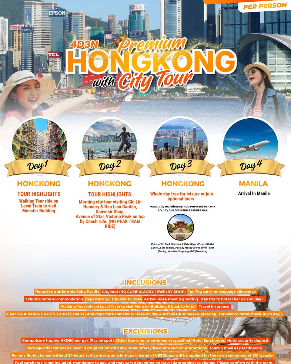 adimadicelma's tweet photo. 4D3N Premium Hong Kong from ₱30, 599/pax. No compulsory jewelry shopping. Includes airfare, 3 nights hotel, breakfast, transfers, city tour, local train adventure, and insurance. Travel Feb 22–25, 2027. Down payment: ₱14, 999/pax. https://t.co/Xdaph767cn