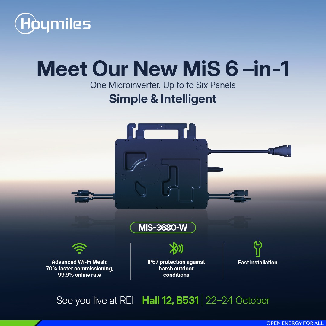 EQMagPro's tweet photo. Meet the New MiS 6-in-1 Microinverter - One Microinverter. Up to Six Panels.

📍 Hall 12, Hoymiles Booth No. B531 | 🗓️ 22–24 October 2026
Open Energy for All. 🇮🇳

@HoymilesGlobal 

#Hoymiles #MiS6in1 #REI2026 #OpenEnergyForAll #Microinverter #SolarIndia #RooftopSolar #EQmag https://t.co/6A42fK7Jmp