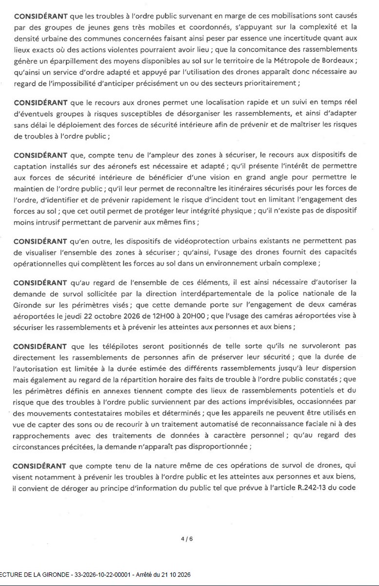 PrefAquitaine33's tweet photo. La préfète Sophie BROCAS a pris un arrêté autorisant la captation, l'enregistrement et la transmission d'images au moyen de caméras installées sur des aéronefs, ce jeudi 22 octobre 2026, de midi à 20h sur la commune de  #Bordeaux 1/2⤵️ https://t.co/ceftxwsRtH
