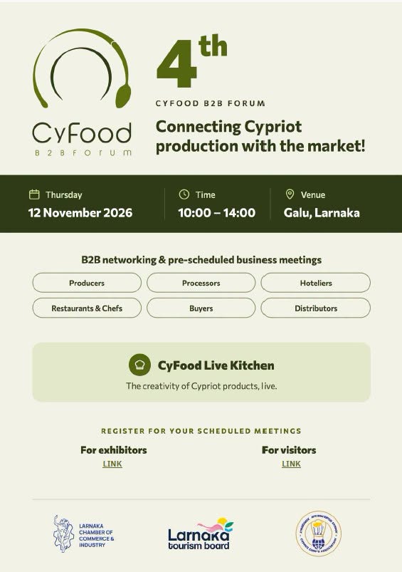 LarnakaRegion's tweet photo. The 4th CyFood B2B Forum is connecting #Cypriot production with the market and is co-organised by the Larnaka Chamber of Commerce and Industry, the #LarnakaTourism Board and the #CyprusChefsAssociation (Σύνδεσμος Αρχιμαγείρων Κύπρου).
November 12, 2026.
1/1
#CyFoodForum https://t.co/Sr58y01hRi