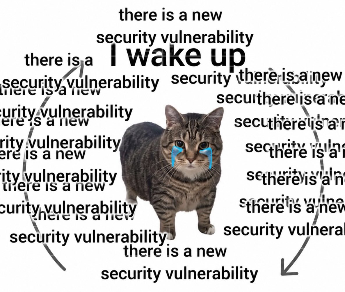 snggle_'s tweet photo. What is Black October even about?

>HTTPS compromised
>P2P websites broken/offline
>300+ Tor exit relays hijacked
>Railway secrets - exposed
>GitLab critical RCE
>Crypto $1.18B drained
>Windows Shell 0-day exploited
>Linux kernel PwnEscape
>Signal hot-mic / camera bug
>Jira broken
>NGINX security flaws
>curl client-side RCE
>Cisco Email Gateway root RCE
>Node.js Brotli RCE

OPSEC Level - I'm Touching grass and leaving the internet.