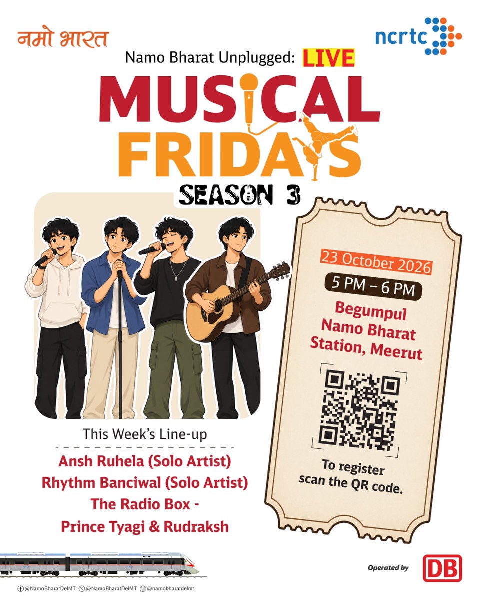 NamoBharatDelMT's tweet photo. This Friday, let music set the mood!

#NamoBharatUnplugged: #LiveMusicalFridays returns to Begumpul #NamoBharat Station with rocking live performances and great music. 23 October, 5–6 PM. 
Scan the QR code to register and join the musical evening! 

#NCRTC #DB https://t.co/e53aYh55UY