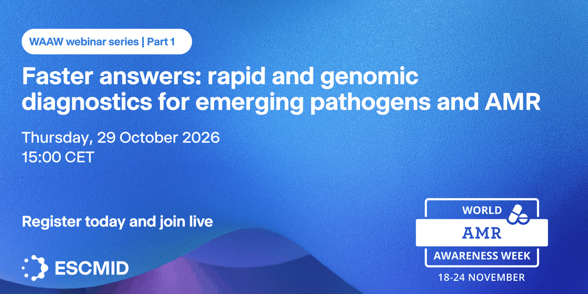 ESCMID's tweet photo. 🔬 Join our first #WAAW2026 webinar next Thurs, 29 Oct at 15:00 CET

Explore rapid &amp; genomic diagnostics for emerging pathogens &amp; #AMR.

👉 Discover the programme &amp; register today: https://t.co/8gZxHtnCXn https://t.co/0Am9cV3ti5