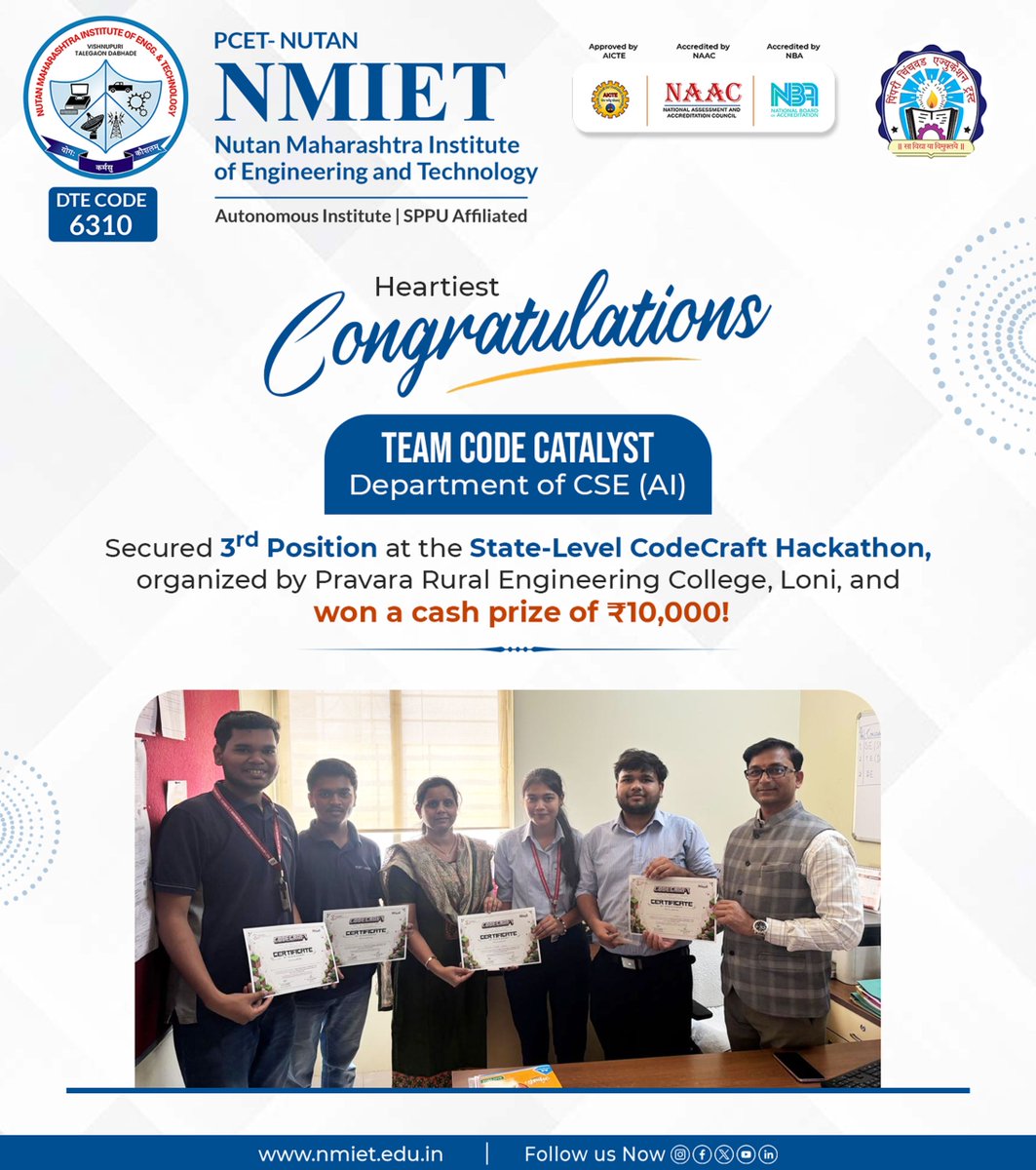 NmietP's tweet photo. 🏆 Proud moment for NMIET! Team Code Catalyst (CSE-AI) secured 3rd place at the State-Level CodeCraft Hackathon, winning ₹10,000! 🥉 Congratulations on this outstanding achievement! 🚀💙
#NMIET #CodeCatalyst #Hackathon #Innovation https://t.co/WxahGJeKeZ
