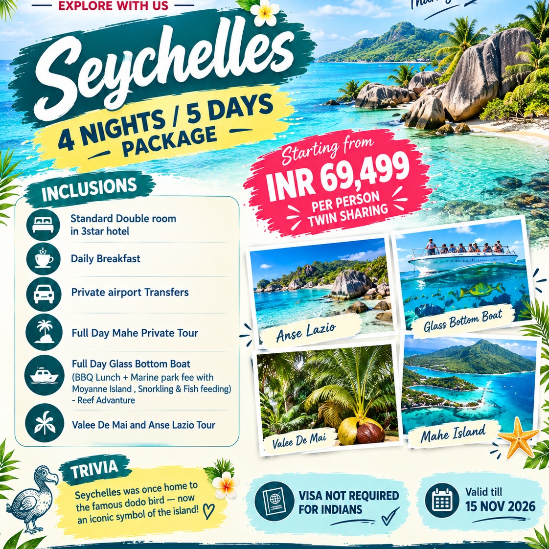 dchjohana's tweet photo. Seychelles awaits: 4 Nights/5 Days from INR 69, 499 per person. Includes hotel, breakfast, transfers, Mahé tour, reef adventure, BBQ lunch, Moyenne Island, Vallée de Mai and Anse Lazio. Visa-free for Indians. Valid till 15 November 2026. https://t.co/QGsHWpMktK