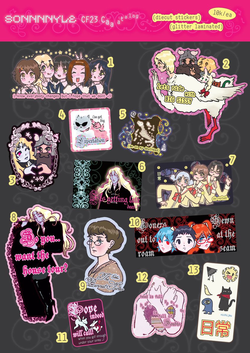 s0nnnnyl3's tweet photo. (*^▽^*) 🔁 and 🩷 are appreciated 🙇🏻‍♂️
｡𖦹°‧ comifuro 23 ots &amp; pick-up only catalogue ｡𖦹° new merch!!

booth K-14 Aktivis Lele 
quick po link! starting from 22-30 oct
https://t.co/miXENIp1uT
 
both days at ICE BSD  
multifandom!! ᯓ★ 
#cf23catalog #cf23 #comifuro23 https://t.co/mOH79JJcD7