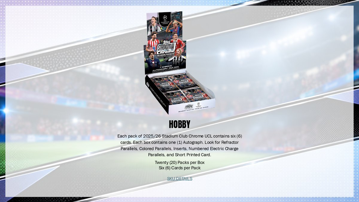 MintHeadquarter's tweet photo. 【製品情報】
2026年11月5日 発売予定
⚽ 2025-26 TOPPS STADIUM CLUB CHROME UCL SOCCER 

【HOBBY】▶https://t.co/piweyWeIvG 
【MEMBERS ONLY DELIGHT】▶https://t.co/3vHRkYlQXY
【VALUE BOX】▶https://t.co/K2GYLsrwyG

トップス社から「スタジアムクラブクローム」UEFAチャンピオンズリーグ公式トレーディングカードが登場！

チャンピオンズリーグの選手たちがスタジアムクラブのユニークな写真使いとクローム技術でカード化！

インサートや直筆サインなど盛りだくさん！

#トレカ発売情報