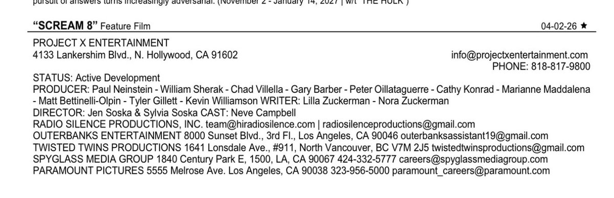 finalboytristan's tweet photo. SCREAM 8 NEWS: The film is now listed in the latest issue of Production Weekly with the following cast &amp; crew attached.

Starring: Neve Campbell
Directed by: The Soska Sisters (Jen &amp; Sylvia)
Written by: The Zuckerman Sisters (Lilla &amp; Nora) https://t.co/TeGsG5HeUt