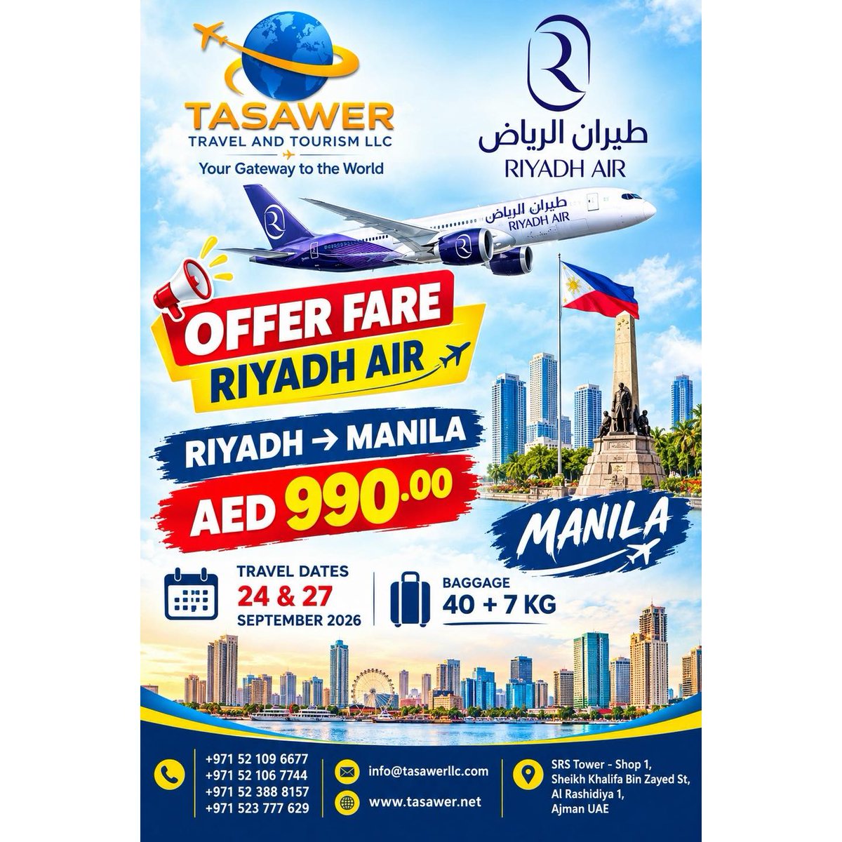Alexkleynen1's tweet photo. Riyadh to Manila from AED 990. Travel dates: September 24 &amp; 27, 2026. Includes 40kg checked baggage + 7kg cabin baggage. Contact TASAWER Travel &amp; Tourism LLC to check availability and booking options. https://t.co/NbfDgSCKCZ