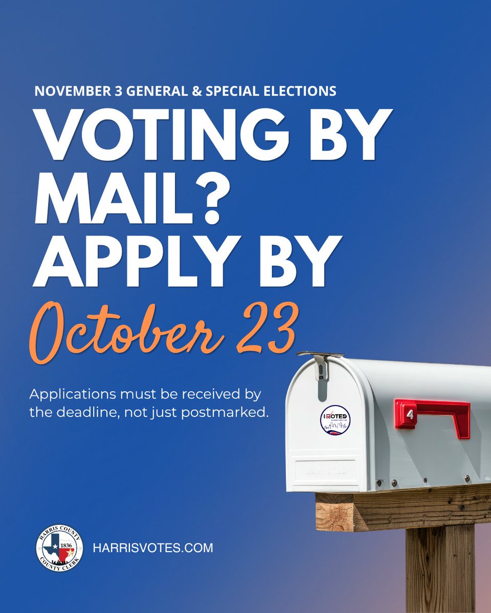 HarrisVotes's tweet photo. 📬 Voting by mail? Apply by October 23. 
Check eligibility, download an application, or track your ballot at https://t.co/MEQ5eFlb9W.

#HarrisVotes #HarrisCountyElections #VoteByMail https://t.co/6pVvurh0gx