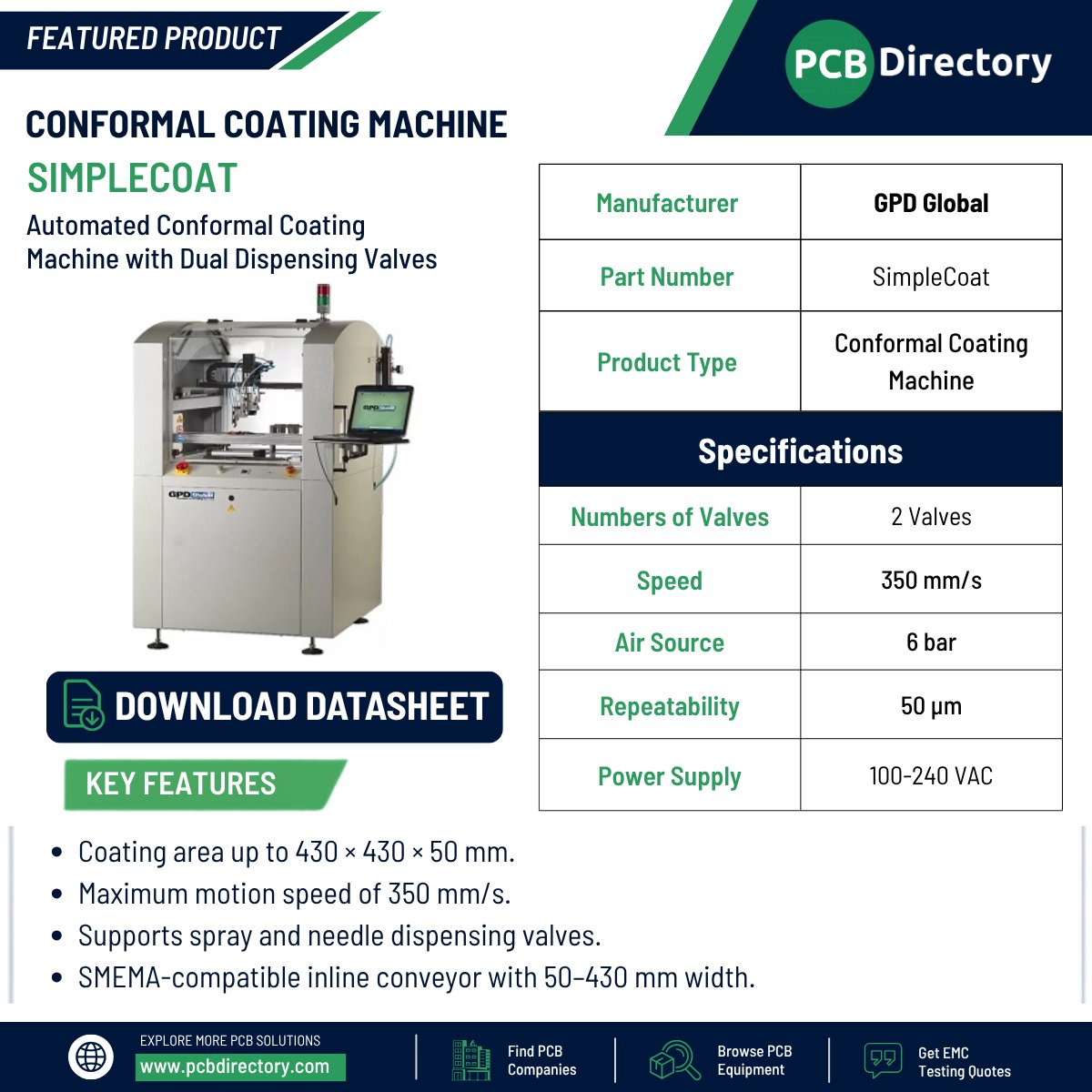PCB_Directory's tweet photo. The SimpleCoat from GPD Global is a robust, 3-axis selective conformal coating machine for printed circuit boards, designed for reliable inline processing with SMEMA communication.

Read more: https://t.co/ejWUq4YpoT

#ConformalCoating #SelectiveCoating #PCBAssembly #SMT https://t.co/JR5jLuakRb
