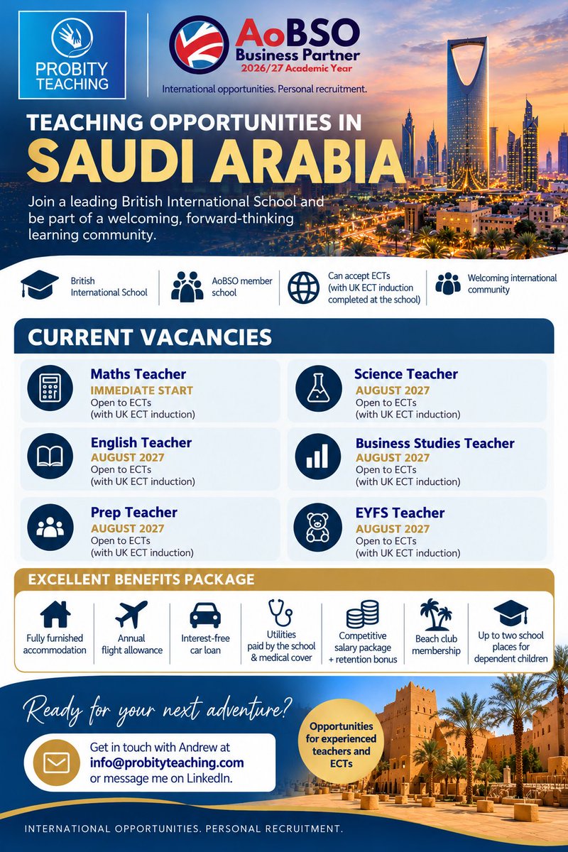 Probityteaching's tweet photo. TEACHING OPPORTUNITIES IN SAUDI ARABIA! 🇸🇦
🎓 ECTs – THIS COULD BE FOR YOU!
Email info@probityteaching.com
#ProbityTeaching #AoBSO #TeachingJobs #SaudiArabiaJobs #InternationalTeaching #BritishInternationalSchools #ECT #ECTInduction #EarlyCareerTeachers #TeachingAbroad https://t.co/0phLyFw3Jk