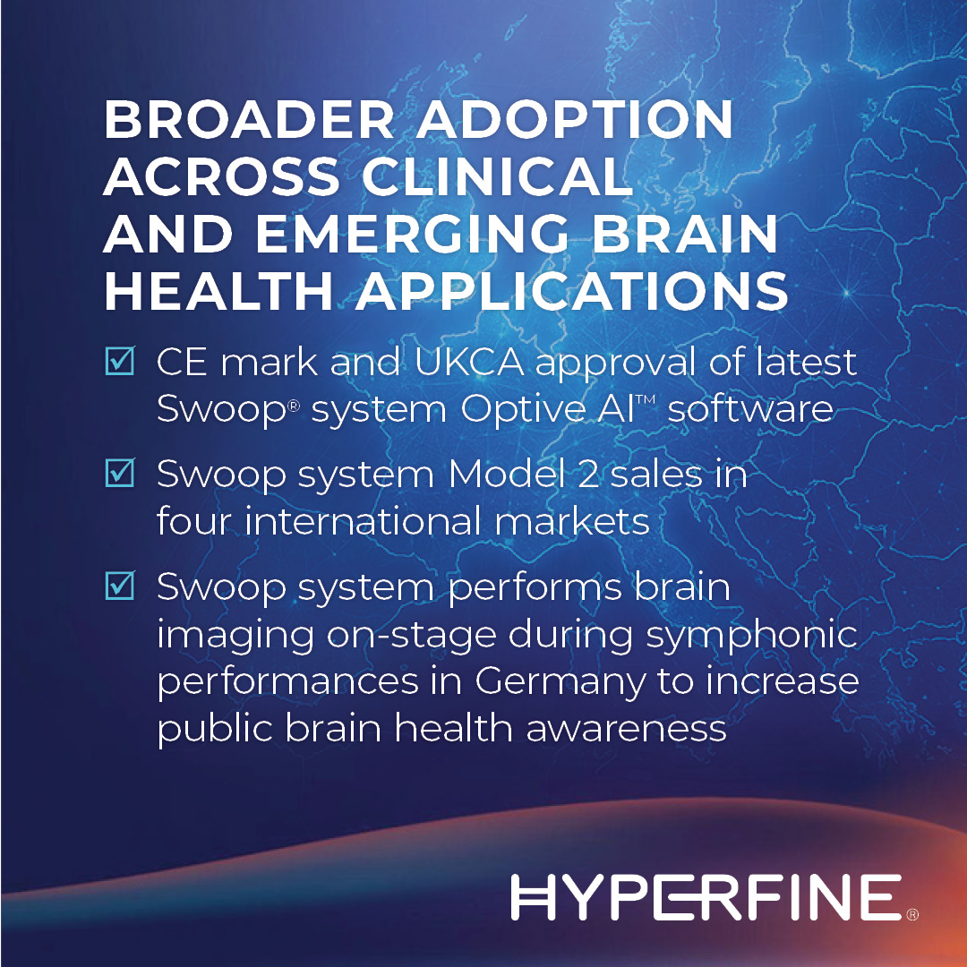 Hyperfine's tweet photo. #NEWS! Hyperfine advances international Swoop® system Model 2 rollout and highlights the role of #portableMRI in #brainhealth awareness. Our latest Optive AI™ software has received CE mark and UKCA approvals as #SwoopSystem Model 2 reaches four international markets just a few months after approval. #Hyperfine is proud to support and be showcased in Notes and Neurons: Music for Brain Health, a nationwide German initiative bringing together musicians, neuroscientists, and clinicians for six symphonic performances featuring live, on-stage scanning with the Swoop system to explore the connection between music, memory, emotion, and brain function. Read full release https://t.co/p8irxcgOHy
#MedTech