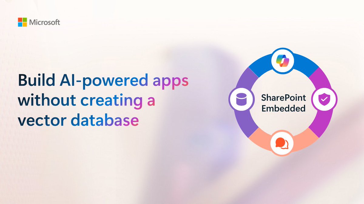 Microsoft365Dev's tweet photo. Build AI apps without creating a vector database. 

Learn how the Microsoft 365 Copilot Retrieval API and the new MCP Server preview for #SharePointEmbedded can help streamline development → https://t.co/xCqT85ji5h 

#Copilot #MCP #Developers https://t.co/gzw2ZCT700
