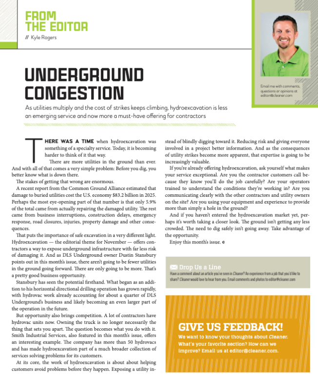 CleanerMagazine's tweet photo. 🚨 From The Editor: Underground Congestion

As utilities multiply and the cost of strikes keeps climbing, hydroexcavation is less an emerging service and now more a must-have offering for contractors

👉 Read the editorial column: https://t.co/W3Qj77ir99 https://t.co/8u5cOL0ivN